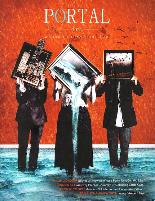 Portal 2014: Surreal red magazine with figures holding picture frames to their faces on the cover