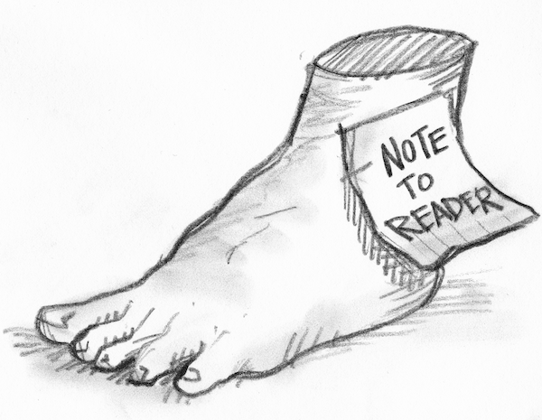 A drawing of a severed foot with a sticky note that says 'note to reader'