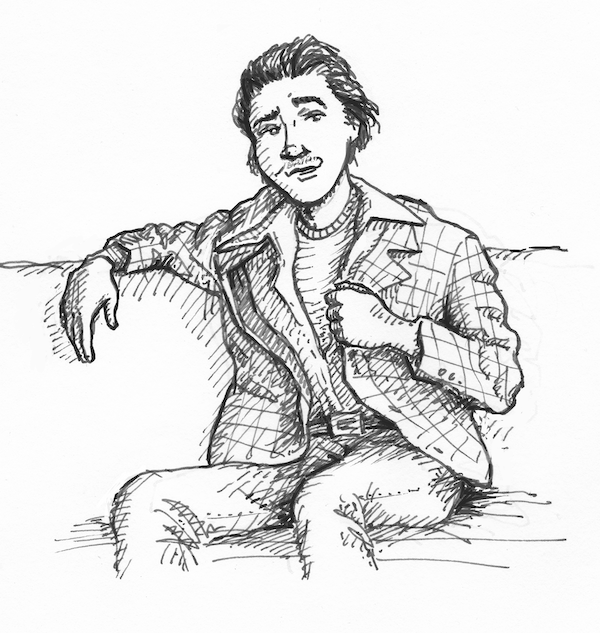 A drawing of a young person with slicked back hair and poorly-fitting suit