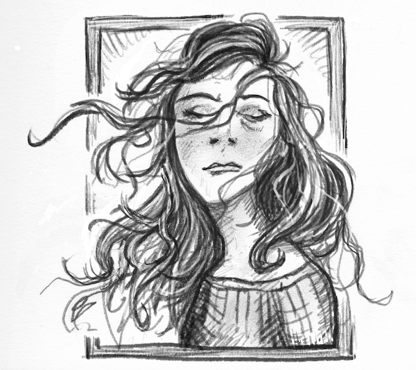 A drawing of a waifish person with long flowing hair